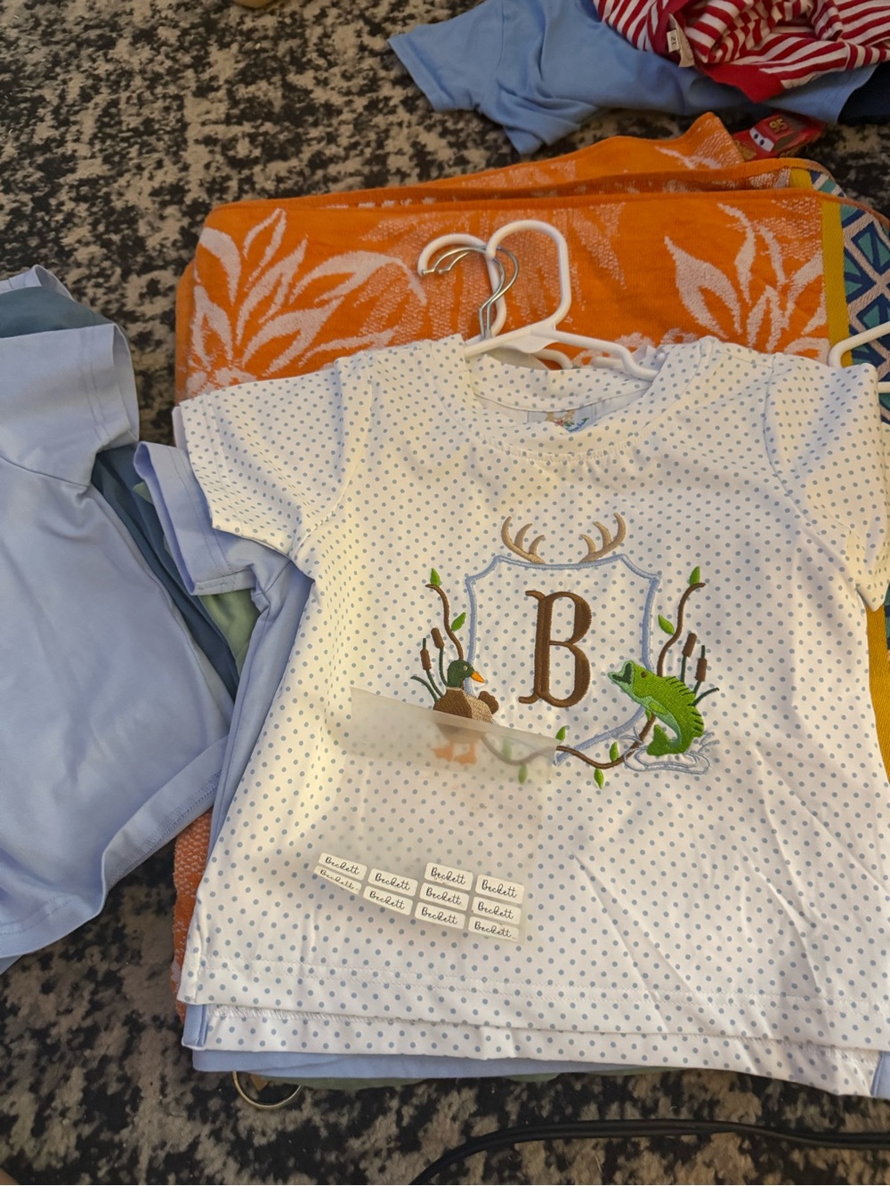 Monogram 'B' White Polka Dot Short Sleeve Tee with Fish Accent